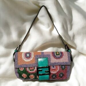 Fendi Baguette Beaded Multicolor Patterned Shoulder Bag Vintage Fendi Baguette